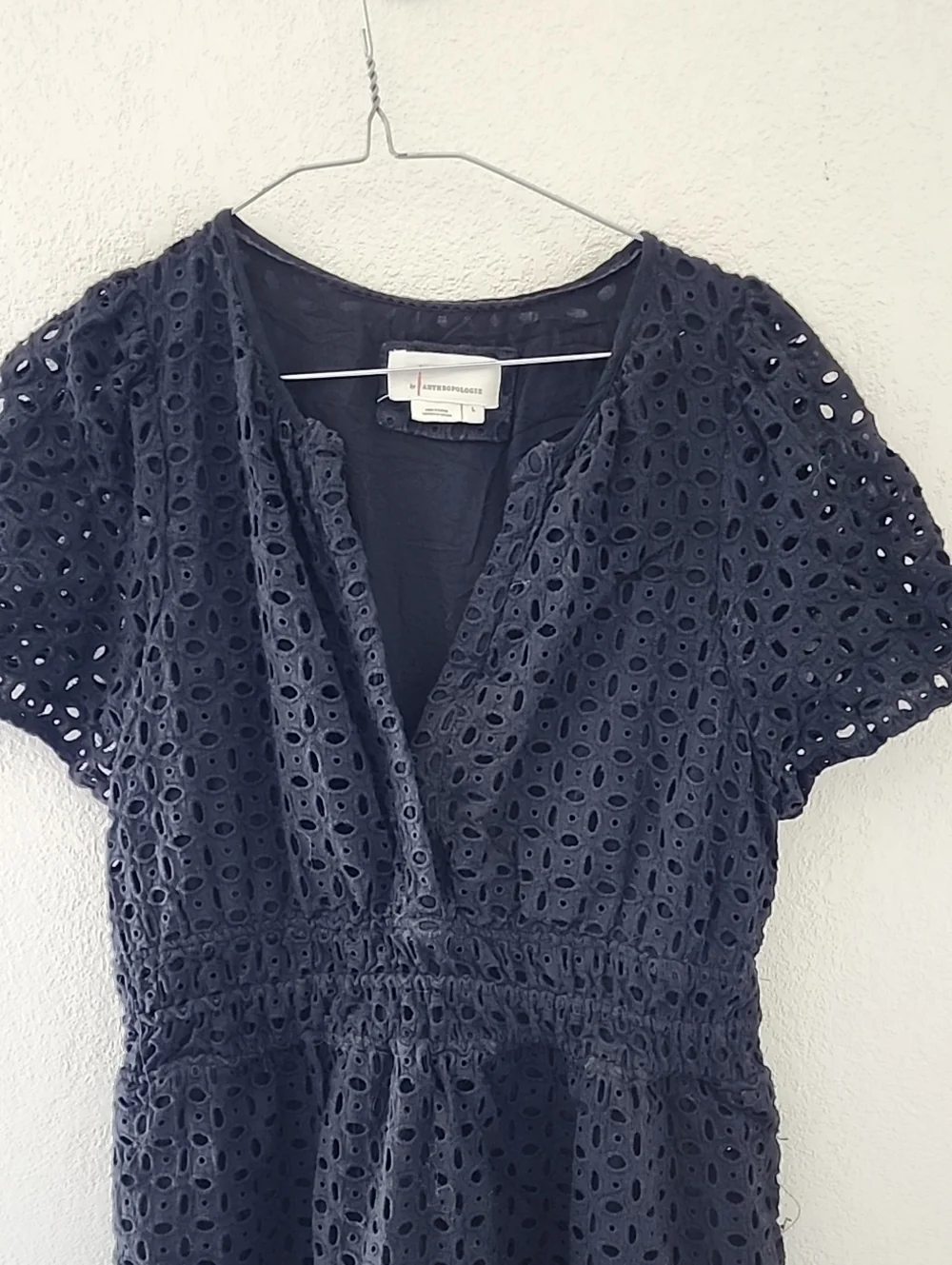 Anthropologie The Somerset Black Eyelet Mini-Dress V-Neck Tiered Lined Sz Large